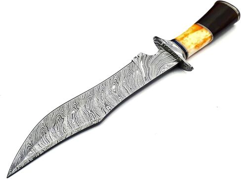 BK-40 Handmade Damascus Steel 15 Inches Bowie Knife - Beautiful Rose Wood Bone & Bull Horn Handle With Scabbard in Kuwait