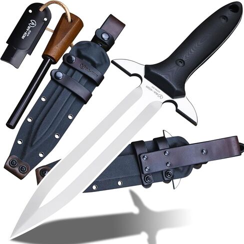 BA-KOR 14.4" Fixed Blade Hunting Knife, CPM 3V Steel Full Tang Survival Knife, 5mm Thick Mirror Polished Blade, G10 Handle, Leather Wrapped Kydex Sheath & 5.9" Fire Starter in Kuwait