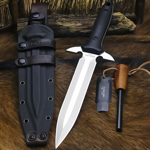 BA-KOR 14.4" Fixed Blade Hunting Knife, CPM 3V Steel Full Tang Survival Knife, 5mm Thick Mirror Polished Blade, G10 Handle, Leather Wrapped Kydex Sheath & 5.9" Fire Starter in Kuwait