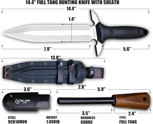 BA-KOR 14.4" Fixed Blade Hunting Knife, CPM 3V Steel Full Tang Survival Knife, 5mm Thick Mirror Polished Blade, G10 Handle, Leather Wrapped Kydex Sheath & 5.9" Fire Starter in Kuwait