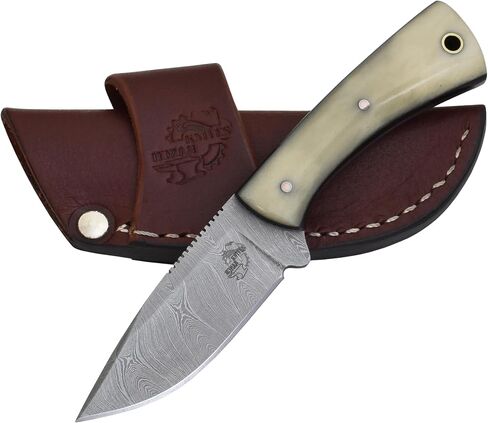 Knives Ranch Fixed Blade Hunting Knife - Full Tang EDC - Damascus Skinning Knife - Bone Handle and Heavy Duty Horizontal Carry Sheath Snug Fit (4402-B) in Saudi Arabia