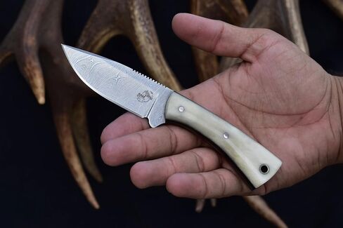Knives Ranch Fixed Blade Hunting Knife - Full Tang EDC - Damascus Skinning Knife - Bone Handle and Heavy Duty Horizontal Carry Sheath Snug Fit (4402-B) in Saudi Arabia