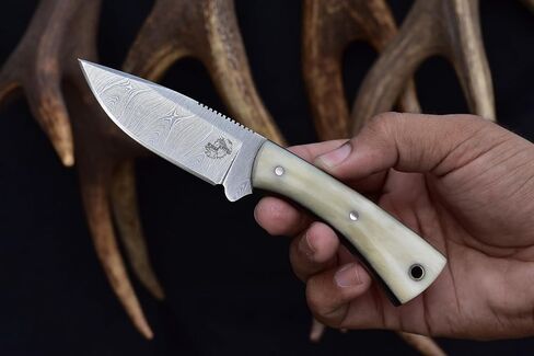 Knives Ranch Fixed Blade Hunting Knife - Full Tang EDC - Damascus Skinning Knife - Bone Handle and Heavy Duty Horizontal Carry Sheath Snug Fit (4402-B) in Saudi Arabia