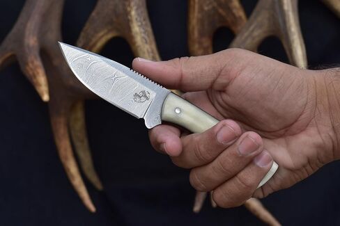 Knives Ranch Fixed Blade Hunting Knife - Full Tang EDC - Damascus Skinning Knife - Bone Handle and Heavy Duty Horizontal Carry Sheath Snug Fit (4402-B) in Saudi Arabia