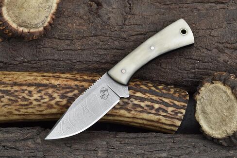 Knives Ranch Fixed Blade Hunting Knife - Full Tang EDC - Damascus Skinning Knife - Bone Handle and Heavy Duty Horizontal Carry Sheath Snug Fit (4402-B) in Saudi Arabia