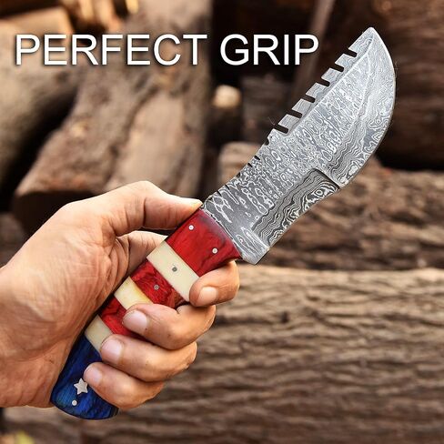Damascus Steel Fixed Blade Tracker Hunting Knife With Horizontal and Scout Carry Leather Sheath - Full Tang Tactical Survival Bushcraft Knives for Men - American USA TX Flag Handle Knife for Camping in Kuwait