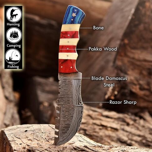 Damascus Steel Fixed Blade Tracker Hunting Knife With Horizontal and Scout Carry Leather Sheath - Full Tang Tactical Survival Bushcraft Knives for Men - American USA TX Flag Handle Knife for Camping in Kuwait