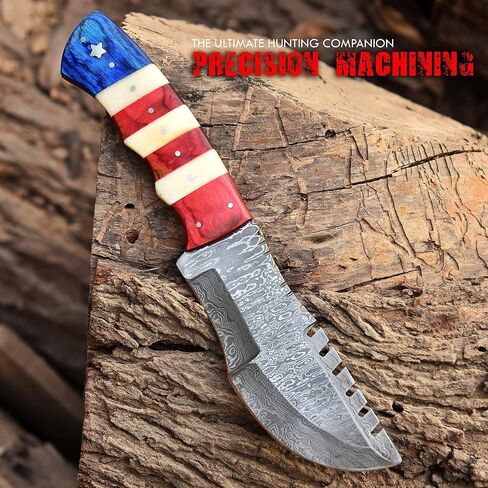 Damascus Steel Fixed Blade Tracker Hunting Knife With Horizontal and Scout Carry Leather Sheath - Full Tang Tactical Survival Bushcraft Knives for Men - American USA TX Flag Handle Knife for Camping in Kuwait