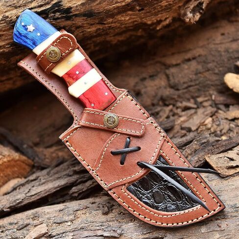 Damascus Steel Fixed Blade Tracker Hunting Knife With Horizontal and Scout Carry Leather Sheath - Full Tang Tactical Survival Bushcraft Knives for Men - American USA TX Flag Handle Knife for Camping in Kuwait