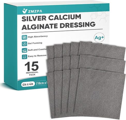 Ag Silver Calcium Alginate Wound Dressing 4" x 4", Non Stick Pads for Wounds, Soft Silver Dressing for Wound Care, Highly Absorbent Dressing Gauze Pads, 15 Packs in Kuwait