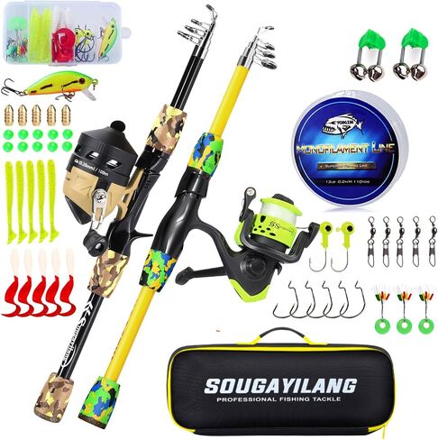 Sougayilang Fishing Rod and Reel Combo, 2 Pack 5 Ft Telescopic Spinning & Spincast Combos with Tackle Kit, Pre-Spooled Line and Carrying Bag for Freshwater Lake River Fishing in Kuwait
