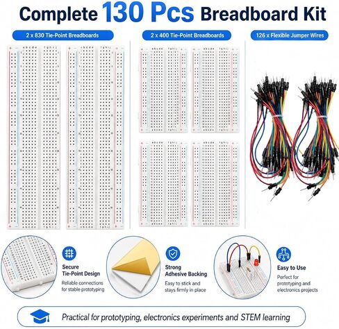 Breadboard Kit with 2 Pcs 830 Tie-Point Solderless Bread Boards, 2 Pcs 400 Tie-Point Protoboards and 126 Pcs Flexible Jumper Wires for Arduino, Raspberry Pi, STEM Electronics Projects in Kuwait