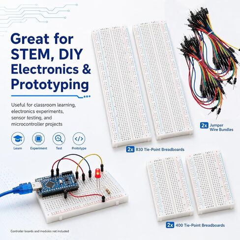 Breadboard Kit with 2 Pcs 830 Tie-Point Solderless Bread Boards, 2 Pcs 400 Tie-Point Protoboards and 126 Pcs Flexible Jumper Wires for Arduino, Raspberry Pi, STEM Electronics Projects in Kuwait