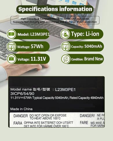 L23C3PE1 L23M3PE1 L23D3PE1 57Wh Battery for Lenovo IdeaPad 5 2-in-1 14IRU9 14Q8X9, 14AHP9 14AKP10 14IAL10 14IRH9, 16AHP9 16AKP10 16IAL10 16IRU9 Serie Laptop in Kuwait