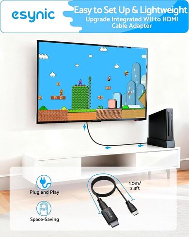 eSynic Portable Wii to HDMI Converter 1080P for Full HD TV Monitor-Plug & Play with 1M HDMI Cable Included-Supports All Wii Display Modes 480i/480p/576i–for Family Gaming in Kuwait