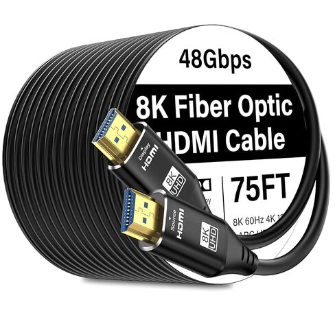 8K HDMI Cable Fiber-Optic 75FT Uni-Directional Home Theater/Game/Office Meeting Aluminium Shell High Speed, 48Gbps, Cord 8K60Hz 4K120Hz eARC HDCP 2.2&2.3 Slim -Black in Kuwait