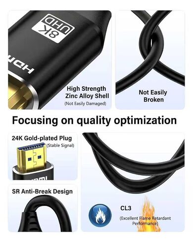 8K HDMI Cable Fiber-Optic 75FT Uni-Directional Home Theater/Game/Office Meeting Aluminium Shell High Speed, 48Gbps, Cord 8K60Hz 4K120Hz eARC HDCP 2.2&2.3 Slim -Black in Kuwait