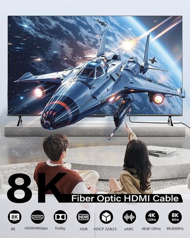 8K HDMI Cable Fiber-Optic 75FT Uni-Directional Home Theater/Game/Office Meeting Aluminium Shell High Speed, 48Gbps, Cord 8K60Hz 4K120Hz eARC HDCP 2.2&2.3 Slim -Black in Kuwait
