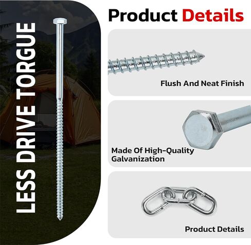 Heavy Duty Lag Screws 3/8 x 12 Tent Stakes Kit with Chain Links and Washers for Trampoline Carports Canopies Sheds Swing Sets Camping Ground Anchors for High Winds in Kuwait