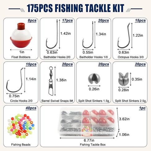 Fishing Bobbers Hooks and Weights Tackle Kit, 175pcs Beginners Equipment Include Fishing Hooks, Bobbers, Sinker Weights, Beads, Organized Tackle Box for Bass Trout Catfish Panfish in Kuwait