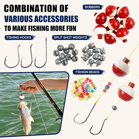 Fishing Bobbers Hooks and Weights Tackle Kit, 175pcs Beginners Equipment Include Fishing Hooks, Bobbers, Sinker Weights, Beads, Organized Tackle Box for Bass Trout Catfish Panfish in Kuwait