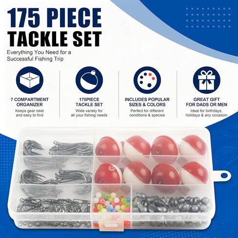 Fishing Bobbers Hooks and Weights Tackle Kit, 175pcs Beginners Equipment Include Fishing Hooks, Bobbers, Sinker Weights, Beads, Organized Tackle Box for Bass Trout Catfish Panfish in Kuwait