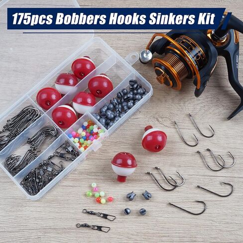 Fishing Bobbers Hooks and Weights Tackle Kit, 175pcs Beginners Equipment Include Fishing Hooks, Bobbers, Sinker Weights, Beads, Organized Tackle Box for Bass Trout Catfish Panfish in Kuwait