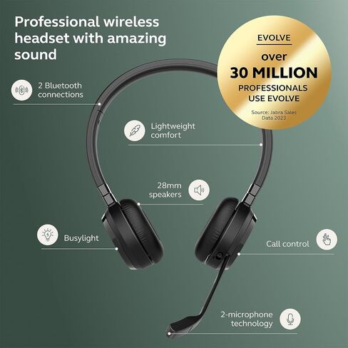 Jabra Evolve 65 TE (Third Edition) Wireless Dual-Ear Headphones - Noise-Canceling Mic, 16 hrs Battery Life, Dual Connectivity, MS Teams Certified, Supports Other Platforms, Black (Renewed) in Kuwait