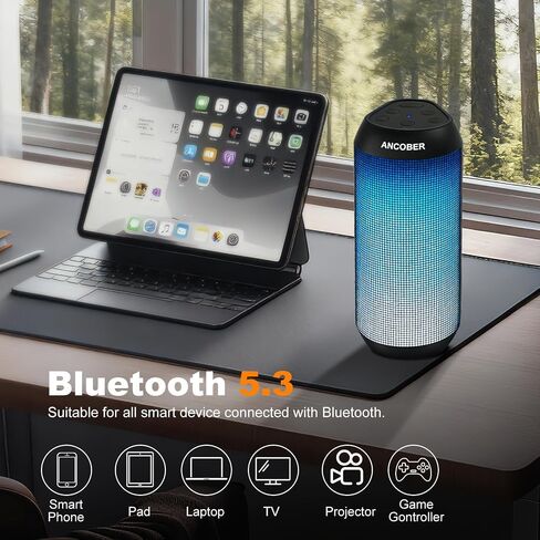 Portable Bluetooth Speaker, Powerful HD Stereo Loud/30H Playtime/IPX4 Waterproof for Outdoor Home/8 Dynamic Lights/Wireless BT 5.3/AUX, Travel|Camping|Beach Essentials, School Supplies, Birthday Gifts in Kuwait