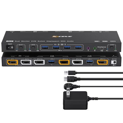 KVM/USB Mode KVM Switch 2 Monitors 2 Computers with Audio, ANXQQ 8K@30Hz 4K@144Hz USB 3.0 Dual Monitor KVM Switch Displayport, Share 4 USB Devices with Wired Control and Power Adapter in Kuwait