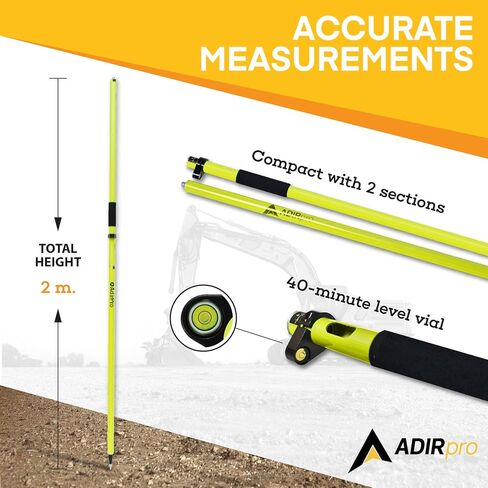 AdirPro 2m Aluminum GPS Rover Rod | 2-Piece Design GPS Pole with 5/8"-11 Threading | for RTK GPS/GNSS Land Surveying & Engineering | Includes Level Vial & Carrying Case | Fluorescent Yellow in Saudi Arabia