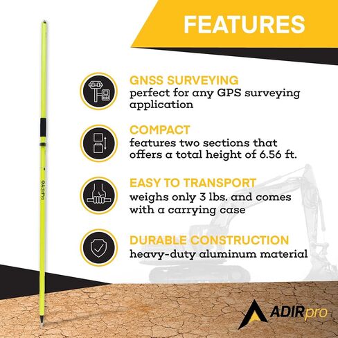 AdirPro 2m Aluminum GPS Rover Rod | 2-Piece Design GPS Pole with 5/8"-11 Threading | for RTK GPS/GNSS Land Surveying & Engineering | Includes Level Vial & Carrying Case | Fluorescent Yellow in Saudi Arabia