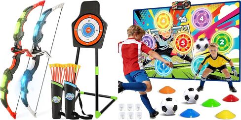 LED Light Up Bow and Arrow Set 2-Pack with Suction Cup Arrows & Electronic Scoring Soccer Target Game, Indoor Outdoor Archery Kit with Target Quivers, Soccer Game with Training Discs Soft Balls for Ki in Kuwait