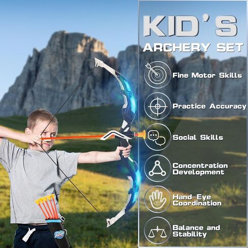 LED Light Up Bow and Arrow Set 2-Pack with Suction Cup Arrows & Electronic Scoring Soccer Target Game, Indoor Outdoor Archery Kit with Target Quivers, Soccer Game with Training Discs Soft Balls for Ki in Kuwait