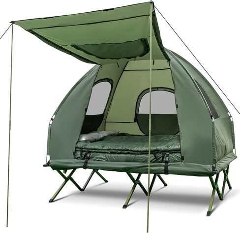 DORTALA 2-Person Tent Cot, Foldable Elevated Camping Tent w/Air Mattress & Sleeping Bag, Portable Dome Camping Tent Cot for Hiking, Camping & Picnic in Kuwait