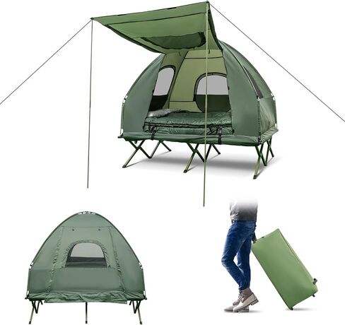 DORTALA 2-Person Tent Cot, Foldable Elevated Camping Tent w/Air Mattress & Sleeping Bag, Portable Dome Camping Tent Cot for Hiking, Camping & Picnic in Kuwait