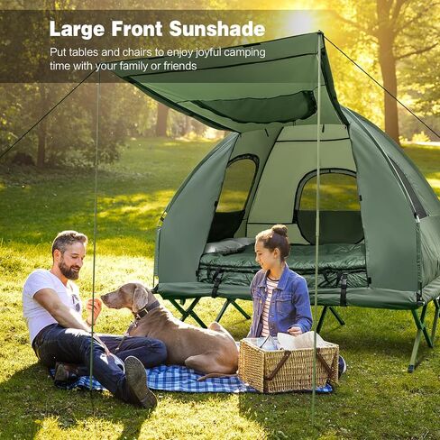 DORTALA 2-Person Tent Cot, Foldable Elevated Camping Tent w/Air Mattress & Sleeping Bag, Portable Dome Camping Tent Cot for Hiking, Camping & Picnic in Kuwait