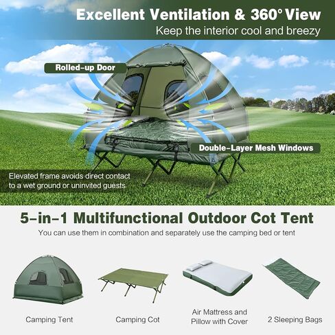 DORTALA 2-Person Tent Cot, Foldable Elevated Camping Tent w/Air Mattress & Sleeping Bag, Portable Dome Camping Tent Cot for Hiking, Camping & Picnic in Kuwait