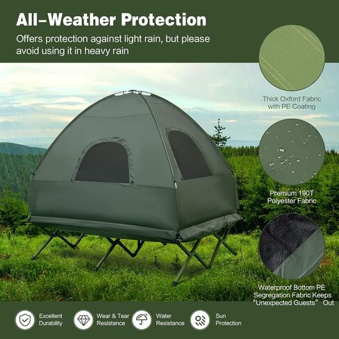 DORTALA 2-Person Tent Cot, Foldable Elevated Camping Tent w/Air Mattress & Sleeping Bag, Portable Dome Camping Tent Cot for Hiking, Camping & Picnic in Kuwait