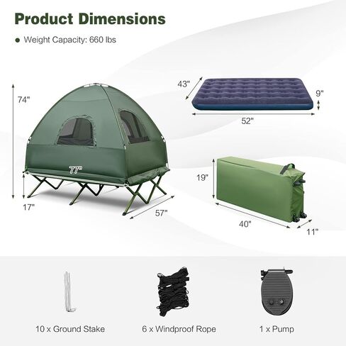 DORTALA 2-Person Tent Cot, Foldable Elevated Camping Tent w/Air Mattress & Sleeping Bag, Portable Dome Camping Tent Cot for Hiking, Camping & Picnic in Kuwait