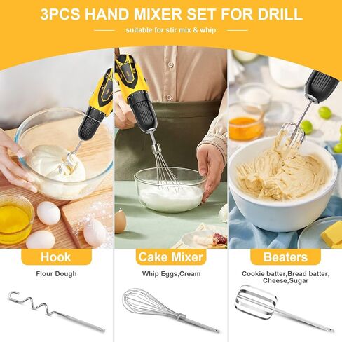homicozy 3-Piece Stainless Steel Hand Mixer Attachment Set - Whisk, Dough Hook, Egg Beater for Drills - Dishwasher Safe, 9.8 Inch (Drill Not Included) (9.8inch) in Saudi Arabia
