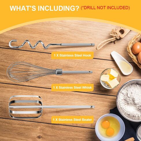 homicozy 3-Piece Stainless Steel Hand Mixer Attachment Set - Whisk, Dough Hook, Egg Beater for Drills - Dishwasher Safe, 9.8 Inch (Drill Not Included) (9.8inch) in Saudi Arabia