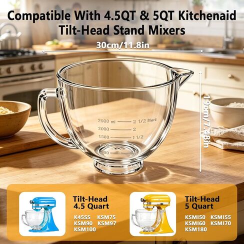 5QT Glass Mixing Bowl for KitchenAid 4.5-5 Quart Tilt-Head Stand Mixers in Kuwait