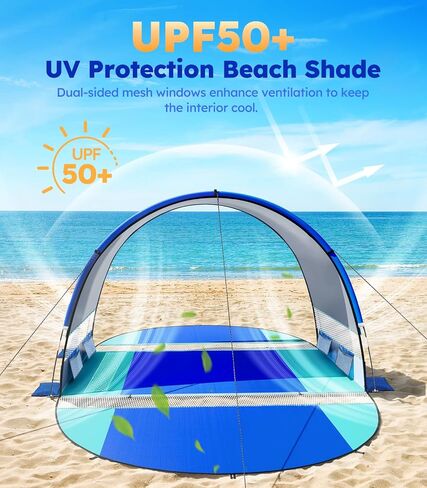 Rhino Valley Beach Tent with Double Zippered Doors, Beach Tent Sun Shelter with UPF50+ UV Protection, Beach Canopy Portable Storage Bag for Beach Camping Fishing, for 5-6 People in Kuwait