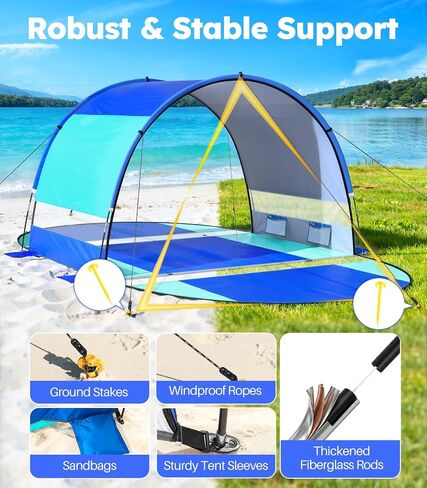 Rhino Valley Beach Tent with Double Zippered Doors, Beach Tent Sun Shelter with UPF50+ UV Protection, Beach Canopy Portable Storage Bag for Beach Camping Fishing, for 5-6 People in Kuwait