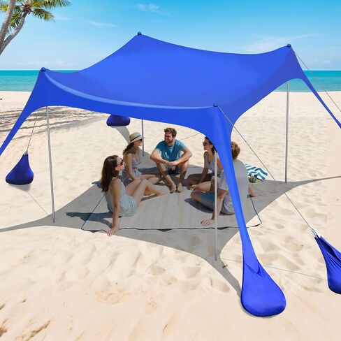2PM SPORTS Beach Tent Sun Shelter 10x10 FT - UPF 50+ UV Protection, 8 Sandbags, Easy Setup, Portable Beach Shade Canopy for Family Picnic Camping Travel in Kuwait