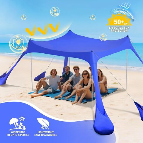2PM SPORTS Beach Tent Sun Shelter 10x10 FT - UPF 50+ UV Protection, 8 Sandbags, Easy Setup, Portable Beach Shade Canopy for Family Picnic Camping Travel in Kuwait