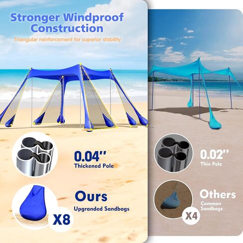 2PM SPORTS Beach Tent Sun Shelter 10x10 FT - UPF 50+ UV Protection, 8 Sandbags, Easy Setup, Portable Beach Shade Canopy for Family Picnic Camping Travel in Kuwait