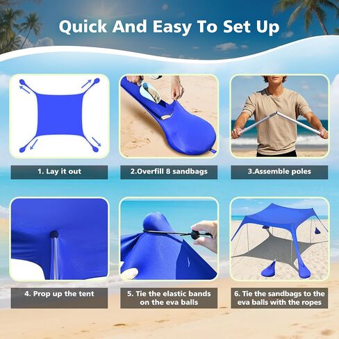 2PM SPORTS Beach Tent Sun Shelter 10x10 FT - UPF 50+ UV Protection, 8 Sandbags, Easy Setup, Portable Beach Shade Canopy for Family Picnic Camping Travel in Kuwait