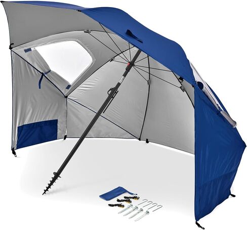 Sport-Brella Premiere UPF 50+ Umbrella Shelter with Patented Side Panels and Tilt Mechanism, Heavy-Duty 1.25 Inch Center Pole, Auger Anchor for Sand and Grass, 8 Foot Canopy, Coastal Blue in Kuwait